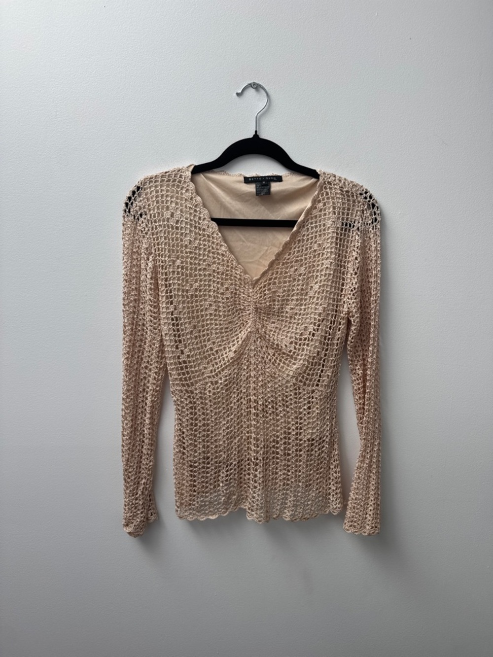 Twisted Front Crochet V-Neck Long Sleeve Top in Beige